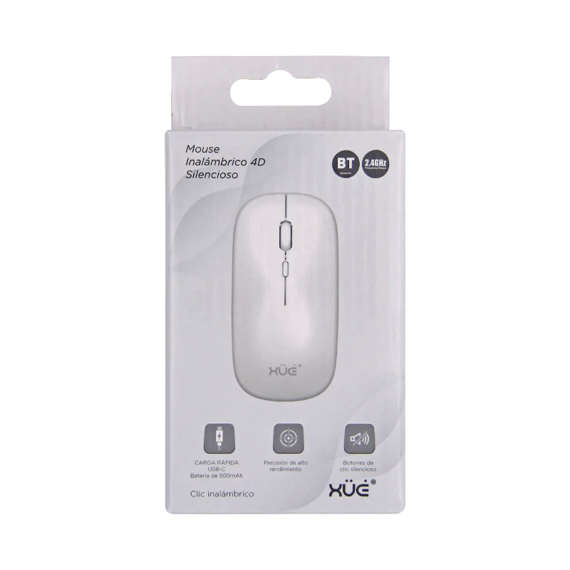 Mouse Inalámbrico Silencioso XUE 1600 DPI USB-C Blanco Bluetooth + 2.4GHz