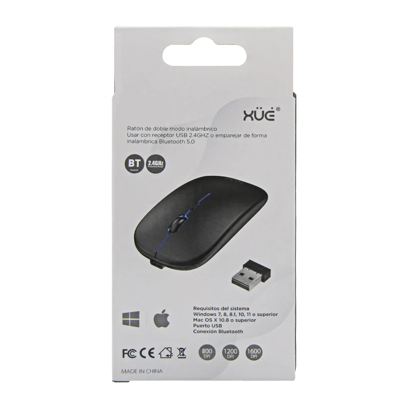 Mouse Inalámbrico Silencioso XUE 1600 DPI USB-C Negro Bluetooth + 2.4GHz