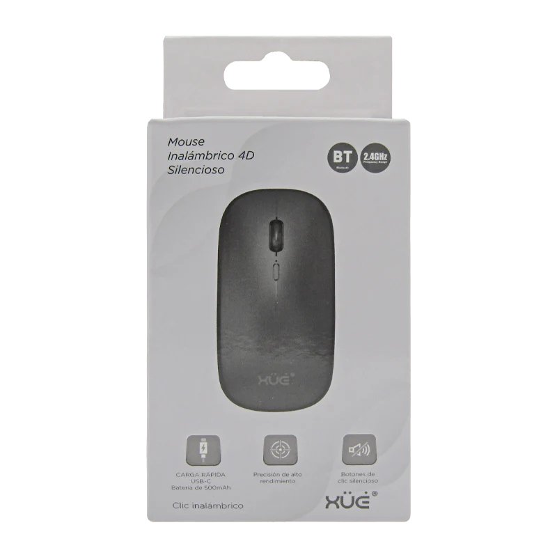 Mouse Inalámbrico Silencioso XUE 1600 DPI USB-C Negro Bluetooth + 2.4GHz