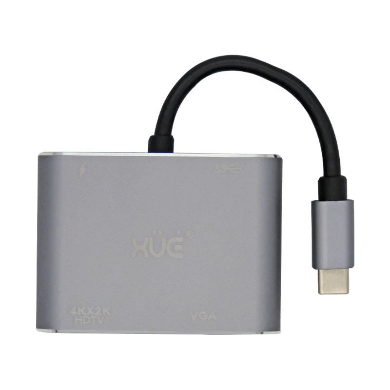 Docking Station 4-1 Tipo C 3.1 Gen1 a HDMI 4K, VGA, USB 3.0, USB-C de carga, (PC Y MAC), Marca XUE®