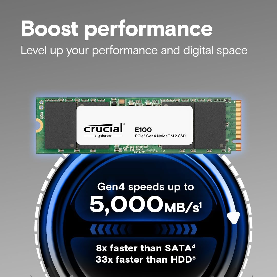Disco de estado Sólido SSD 480GB PCI-E 4.0 M.2 2280 NVME E100 CT480E100SSD8 5000 MB/S Marca Crucial