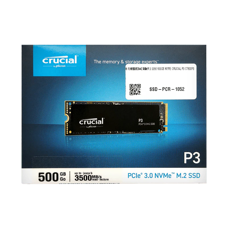 Disco de estado sólido SSD 500GB PCI-E 3.0 M.2 2280 NVMe P3 CT500P3SSD8 R/W 3500/1900 MBs Marca Crucial