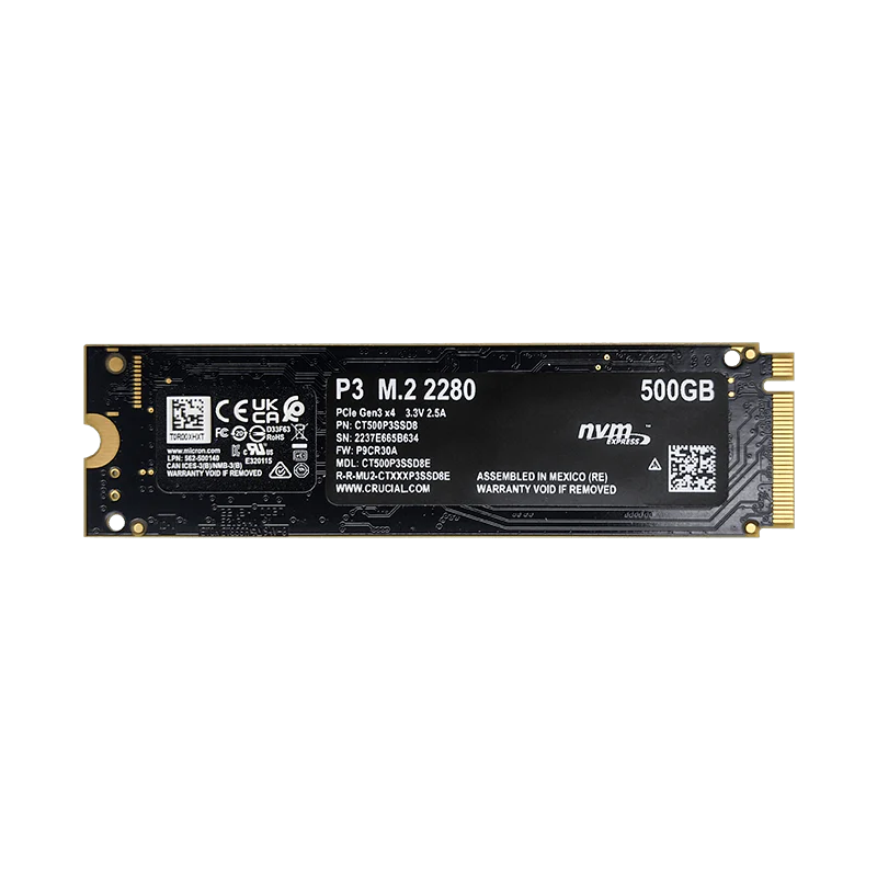 Disco de estado sólido SSD 500GB PCI-E 3.0 M.2 2280 NVMe P3 CT500P3SSD8 R/W 3500/1900 MBs Marca Crucial