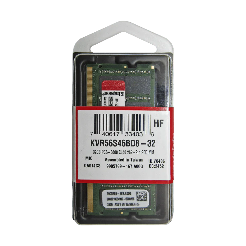 Memoria RAM 32GB para Laptop DDR5 PC5-44800 5600MHZ CL46 1.1V KVR56S46BD8-32 Marca Kingston