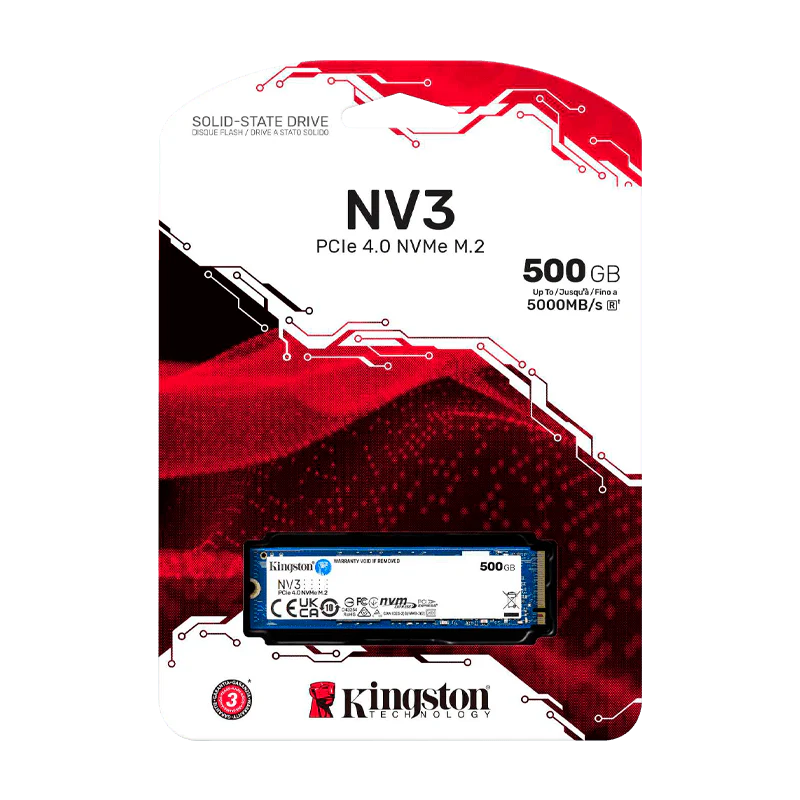 Disco de Estado Sólido SSD 500GB PCI-E 4.0 M.2 2280 NVMe SNV3S/500G R/W 5000 MB/S Marca Kingston