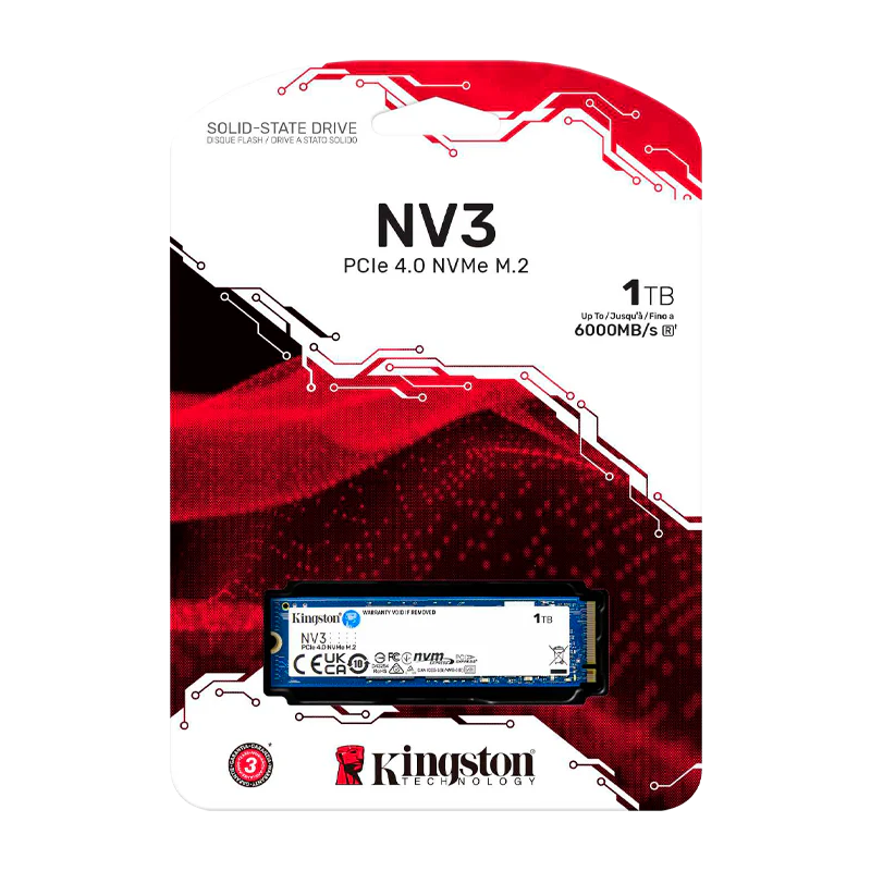 Disco de Estado Sólido SSD 1TB PCI-E 4.0 M.2 2280 NVMe NV3 SNV3S/1000G R/W 6000 MB/S Marca Kingston