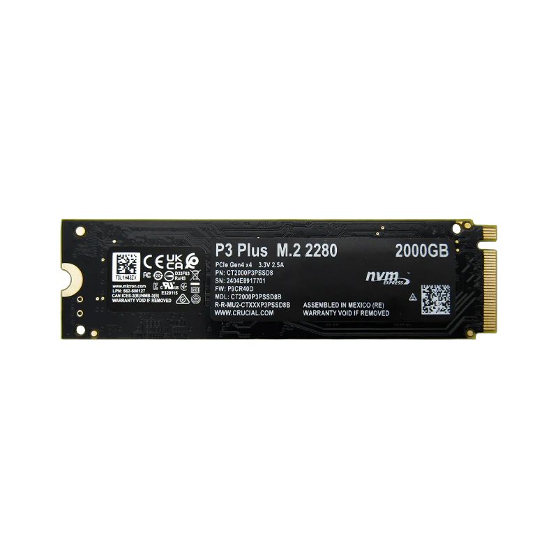 Disco de Estado Sólido SSD 2TB PCI-E 4.0 M.2 2280 NVMe P3 Plus CT2000P3PSSD8 R/W 5000/4200 MBs Marca Crucial