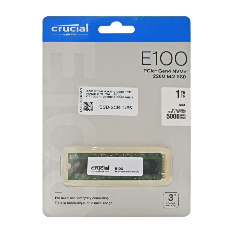 Disco de estado Sólido SSD 1TB PCI-E 4.0 M.2 2280 NVME E100 CT1000E100SSD8 5000 MB/S Marca Crucial