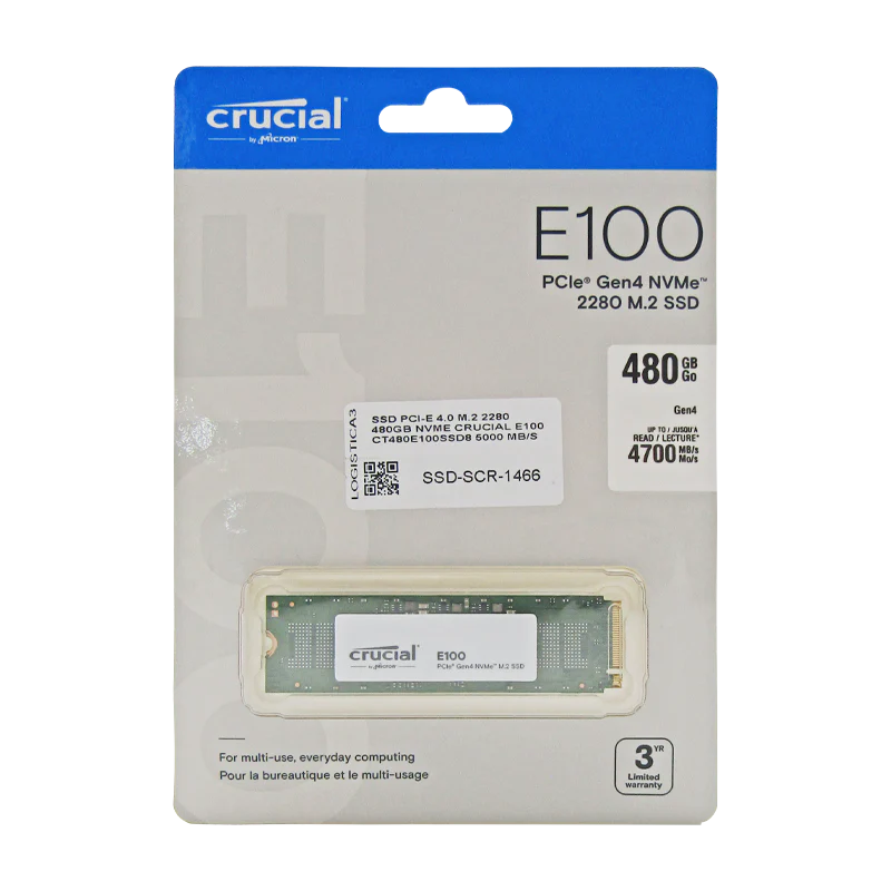 Disco de estado Sólido SSD 480GB PCI-E 4.0 M.2 2280 NVME E100 CT480E100SSD8 5000 MB/S Marca Crucial