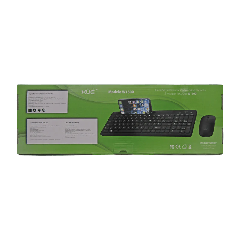 Combo Teclado Externo Wireless Compacto LATAM + Mouse 1600DPI, 2.4GHZ + BT 5.0, Batería 500MAH, USB-C, Color Negro, W1500 XUE®