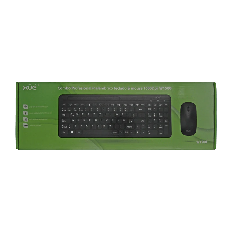 Combo Teclado Externo Wireless Compacto LATAM + Mouse 1600DPI, 2.4GHZ + BT 5.0, Batería 500MAH, USB-C, Color Negro, W1500 XUE®