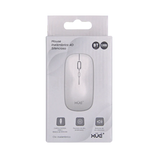 Mouse Inalámbrico Silencioso XUE 1600 DPI USB-C Blanco Bluetooth + 2.4GHz