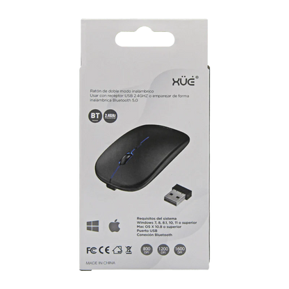 Mouse Inalámbrico Silencioso XUE 1600 DPI USB-C Negro Bluetooth + 2.4GHz