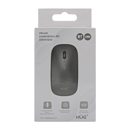 Mouse Inalámbrico Silencioso XUE 1600 DPI USB-C Negro Bluetooth + 2.4GHz