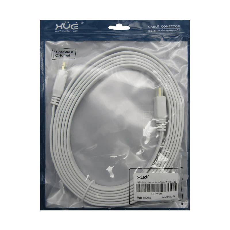 CABLE HDMI PLANO 4K 2160P V2.0 3M ARC 18Gbps 19+1 BLANCO XUE® Garantía 1 Año