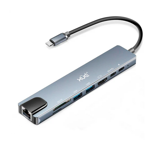DOCKING 8-1 TIPO-C 3.1 Gen1 a USB3.0 + USB2.0 + HDMI 4K + RJ45 10/100 +PD 100W + TYPE C (DATA) + SD/TF, XUE® GRIS Garantía 1 Año