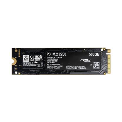 Disco de estado sólido SSD 500GB PCI-E 3.0 M.2 2280 NVMe P3 CT500P3SSD8 R/W 3500/1900 MBs Marca Crucial
