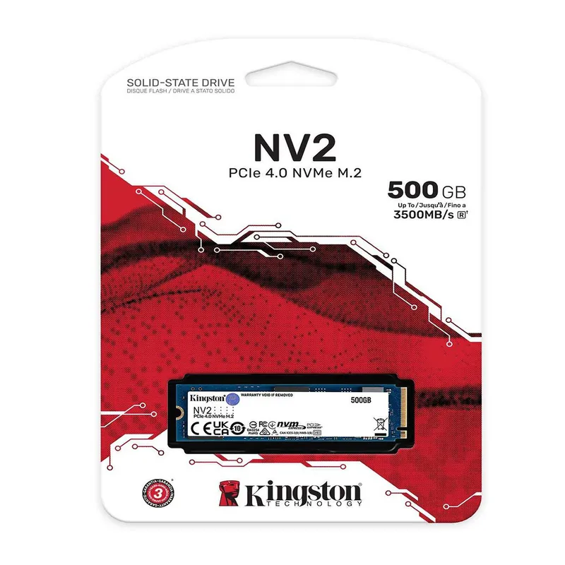 Disco de Estado Sólido SSD 500GB PCI-E 4.0 M.2 2280 NVMe NV2 SNV2S/500G R/W 3500/2800 MB/S Marca Kingston
