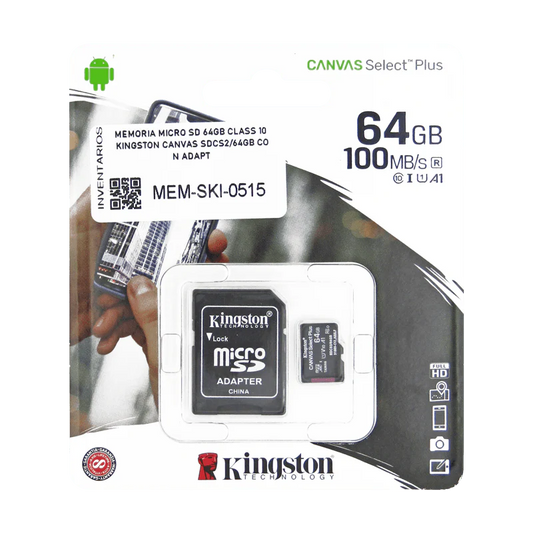 MEMORIA MICRO SD 64GB CLASS 10 Kingston SDCS/64GB CON ADAPT