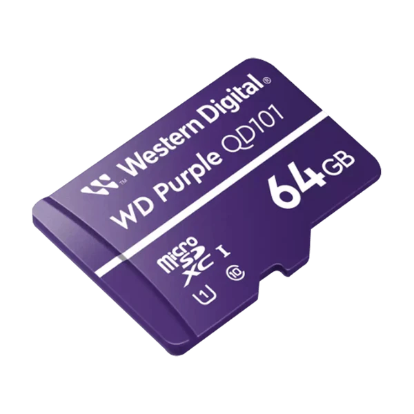 MEMORIA MICRO SD 64GB C10 U1 V10 R/W 100/60 MBPS WD PURPLE QD101 SURVIELLANCE WDD064G1P0C/64GB Garantía 3 Años