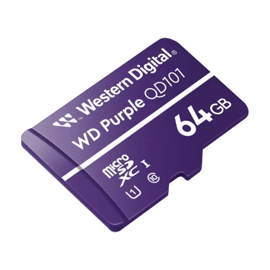 MEMORIA MICRO SD 64GB C10 U1 V10 R/W 100/60 MBPS WD PURPLE QD101 SURVIELLANCE WDD064G1P0C/64GB Garantía 3 Años