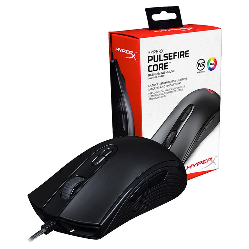 Mouse Gamer HyperX Pulsefire Core · Alámbrico USB-A · Sensor Pixart 3327 · 6.200 DPI · 87g · 7 Botones · RGB · Negro