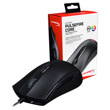 Mouse Gamer HyperX Pulsefire Core · Alámbrico USB-A · Sensor Pixart 3327 · 6.200 DPI · 87g · 7 Botones · RGB · Negro