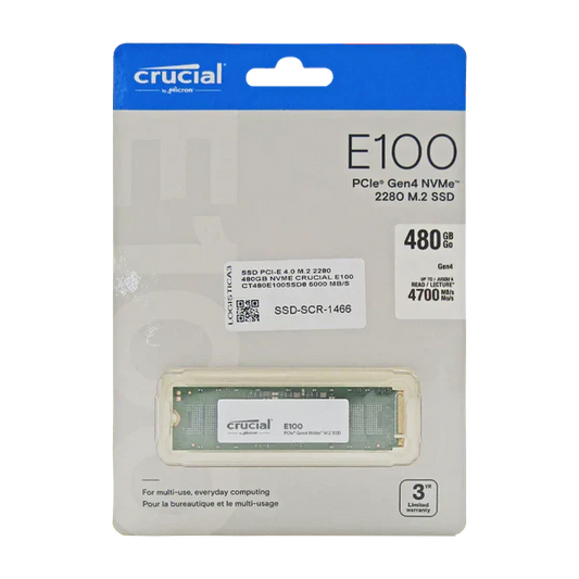 SSD PCI-E 4.0 M.2 2280 480GB NVME CRUCIAL E100 CT480E100SSD8 5000 MB/S Garantía 3 años